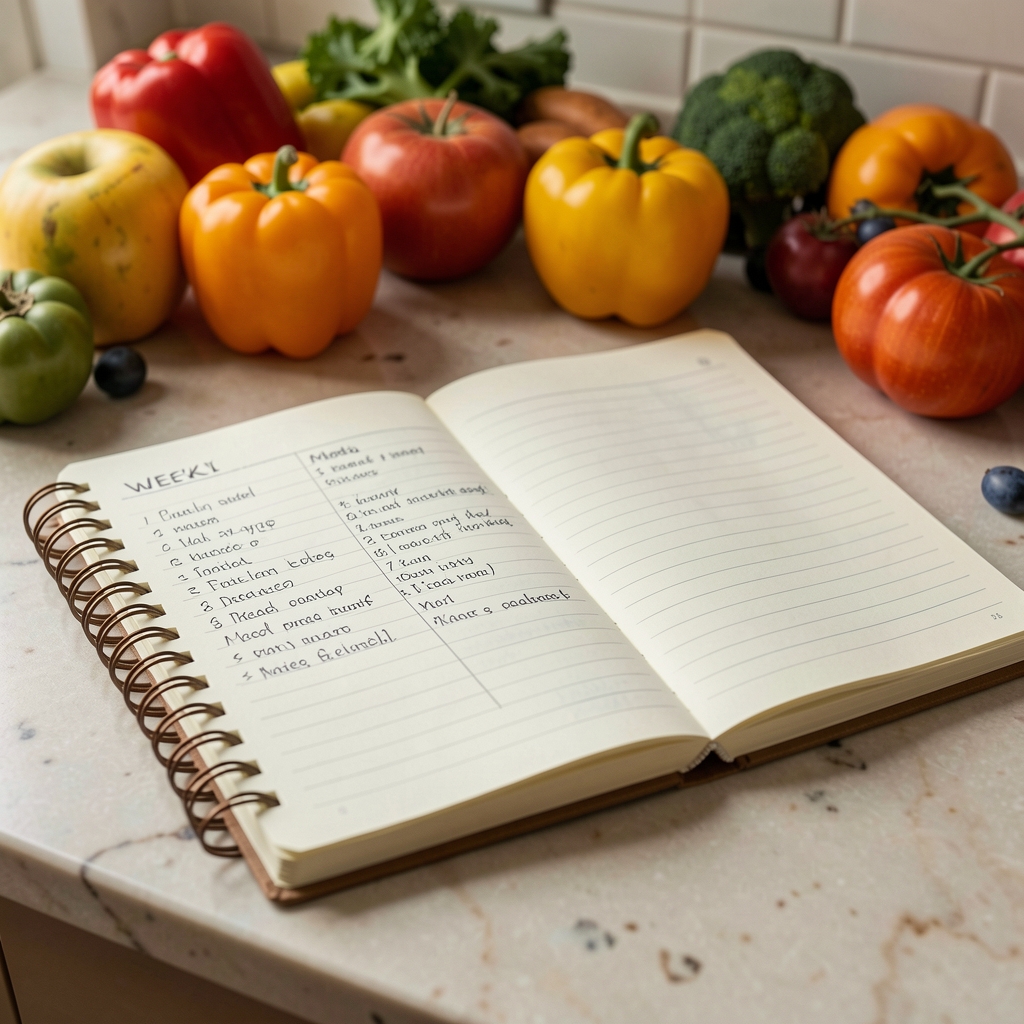 Notebook open to a handwritten weekly meal plan on a kitchen counter with seasonal produce visible in the background