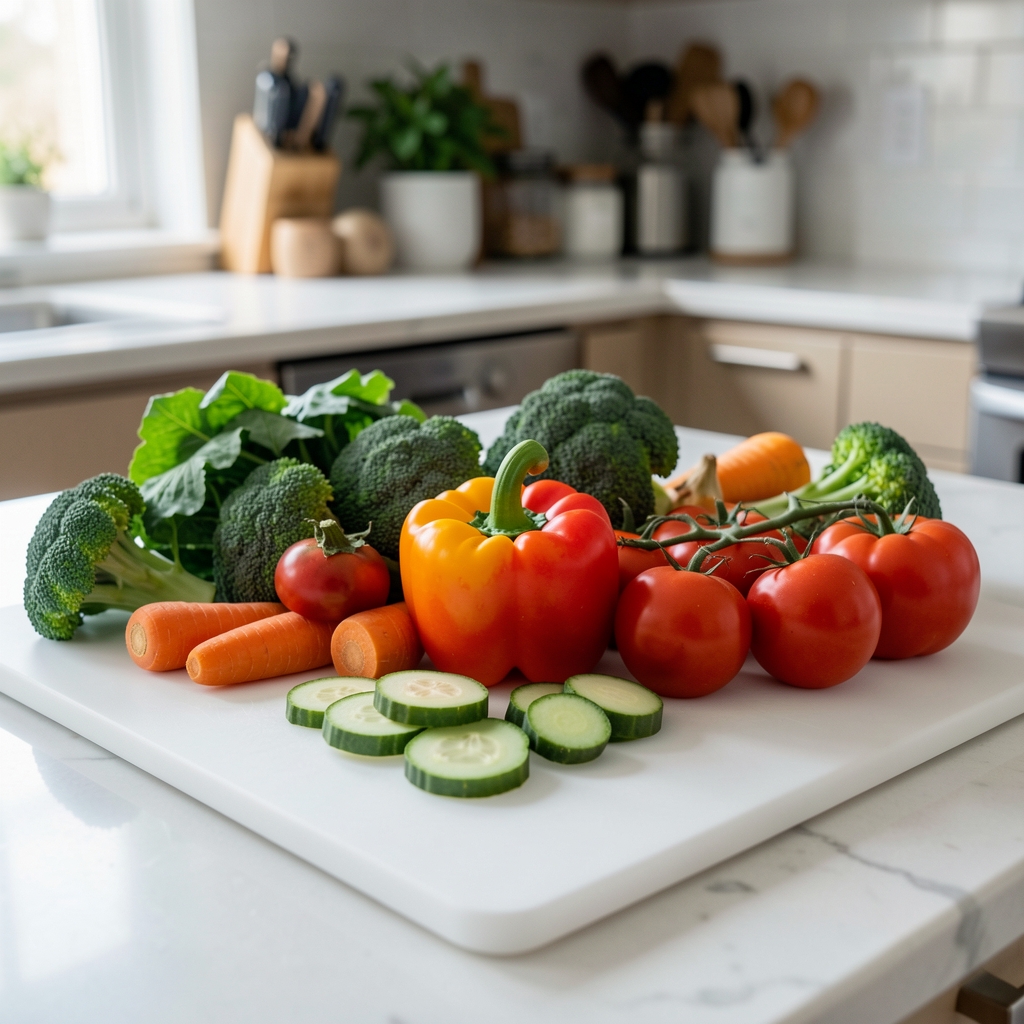 Close-up of colourful seasonal vegetables arranged on a clean white chopping board in a well-lit home kitchen